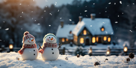 A cute smiling snowman in the biggest of the snow with a background. bokeh a Christmas tree and house the mountain. Its a blurred background. Generative AIの素材