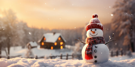 A cute smiling snowman in the biggest of the snow with a background. bokeh a Christmas tree and house the mountain. Its a blurred background. Generative AIの素材