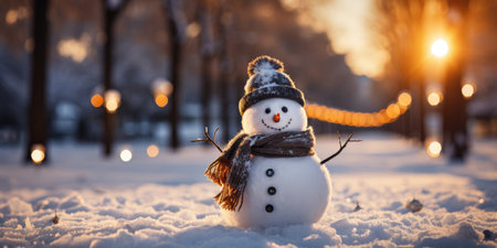 A cute smiling snowman in the biggest of the snow with a background. bokeh a Christmas tree and house the mountain. Its a blurred background. Generative AIの素材