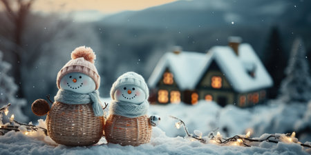 A cute smiling snowman in the biggest of the snow with a background. bokeh a Christmas tree and house the mountain. Its a blurred background. Generative AIの素材