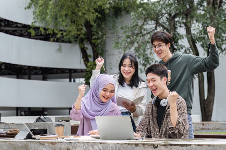 A group of multiracial students who are happy and successful in their studies. In college, laptops are used to check that academic results are on track.の写真素材