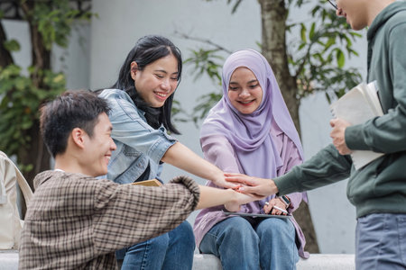 Image of a group of cheerful Asian college students putting their hands together, showing teamwork and unity.の写真素材