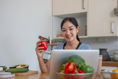Beautiful Asian woman in workout clothes searches for healthy recipes online on her laptop. while preparing healthy food in the kitchenの写真素材