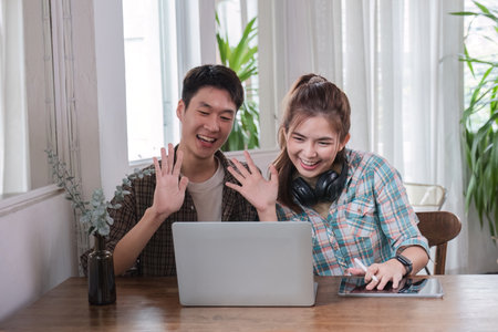 Students study online together Help each other do homework and share knowledge through video calls...