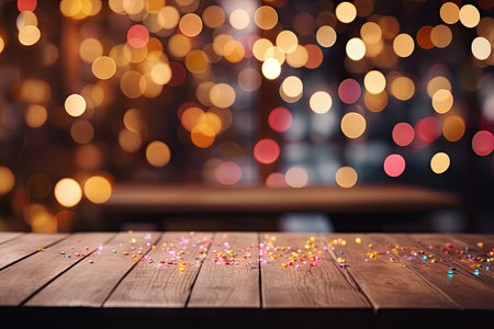 a wooden table top with a blur background of lights in the background of the table and the table top is made of wood and has a wooden surface with a. generative aiの素材