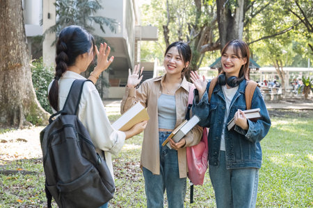Friendly asian female college student waving hand while greeting her classmate. Education and youth lifestyle conceptの写真素材