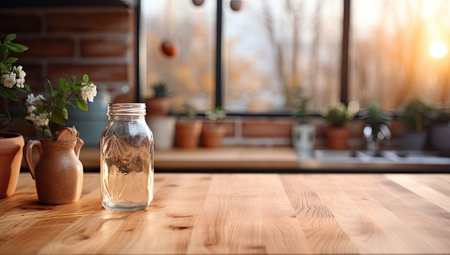 Wooden table top with blurred background, kitchen of light in the background of the table and the table top is made of wood and has a wood texture. generative aiの素材