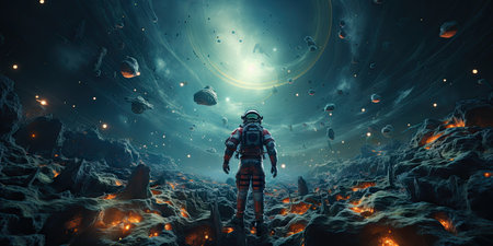 A lone astronaut is flying towards the end of the stars in the Milky Way galaxy. AI Generativeの素材