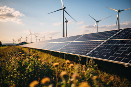 Creating sustainable energy using solar panels and wind farms is enterprise friendly. The concept of clean and sustainable development. Generative AIの素材