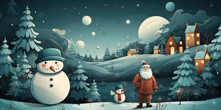 Beautiful Christmas theme with Santa and snowman Trendy, stylish, modern, elegant, mix of bright colors. Inspired by Christmas elements by Generative AIの素材