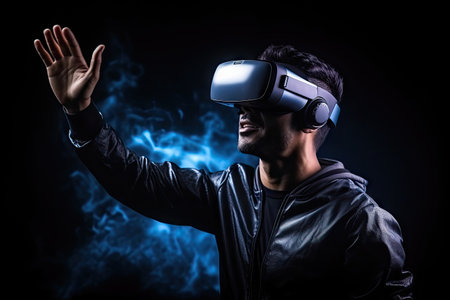The user wears a VR headset, he is interacting with a virtual reality screen and user interface. virtual desktop concept by generative ai.の素材