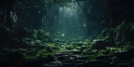 An eerie and mysterious forest in a parallel universe where the laws of nature differ from our own. Concept of extraterrestrial landscape by Generative AIの素材