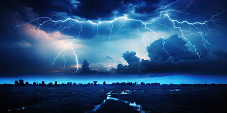 Bright lightning that lit up the dark night sky during an electrical storm. Thunderstorm concept by Generative AIの素材