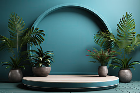 3D render of blue background with tropical leaves and podiums, 8k by Generative AIの素材