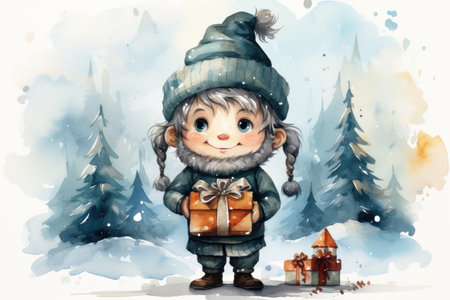 Adorable watercolor gnomes gather around the Christmas tree, exchanging gift in the cool Arctic atmosphere. Full color, textured knitted illustrations, suitable for nursery art by Generative AIの素材