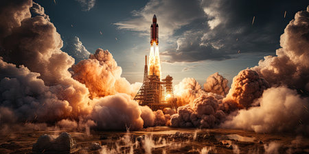 A rocket launched into the vast space of the universe. A historical mission by Generative AIの素材