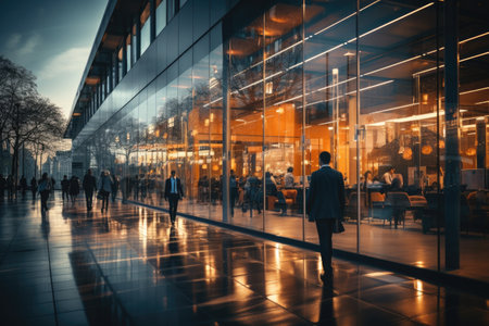 Blurry businessman Walking in the shopping center or atrium. Banner by Generative AIの素材