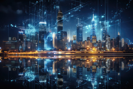 Abstract night city background Smart cities, AI and digital transformation concepts embrace the world of the future by Generative AIの素材