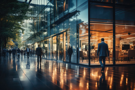 Blurry businessman Walking in the shopping center or atrium. Banner by Generative AIの素材