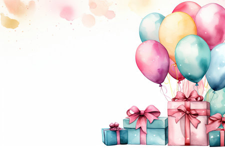 Watercolor painted birthday banner consisting of gifts Celebratory decorations and balloons, soft pastel shades against a white background. There is space for entering text by Generative AIの素材
