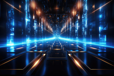 Abstract futuristic technology background with lines for network, big data, data center, server, internet, speed. Abstract neon lights in digital technology tunnel by Generative AIの素材