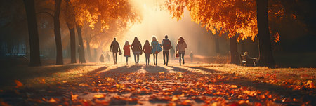 A blurry group of people in the background were walking on a road near a park. Colorful morning pictures. Autumn scene, warm weather by Generative AIの素材