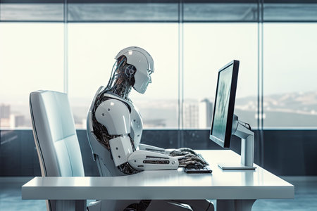 Robot sitting at desk with laptop computer in front of him. by Generative AI.の素材