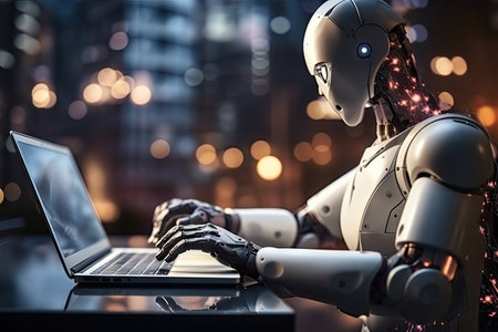 Robot sitting at desk with laptop computer in front of him. by Generative AI.の素材