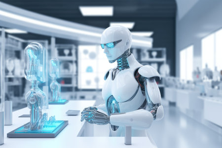 Robot sitting at desk with laptop computer in front of him. by Generative AI.の素材