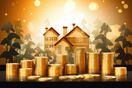Small model house with coins, buy and sell house concept by Generative AIの素材