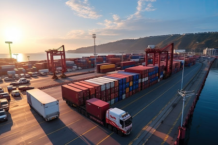 An image depicting logistics with a container truck, ship in port, and airplane for import export industry.by Generative AIの素材