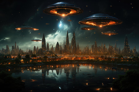 An intense encounter as a military aircraft approaches an unidentified flying object over a vast ocean by Generative AIの素材