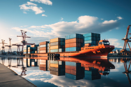 An image depicting logistics with a container truck, ship in port, and airplane for import export industry.by Generative AIの素材
