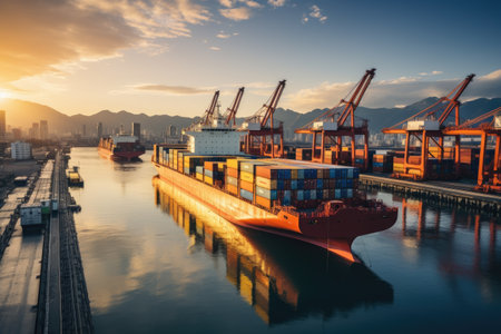 An image depicting logistics with a container truck, ship in port, and airplane for import export industry.by Generative AIの素材