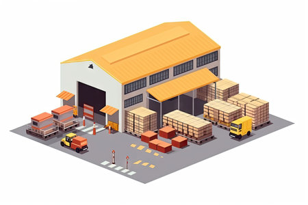 Industries that have warehouses or storage areas full of shelves and cardboard boxes by Generative AIの素材
