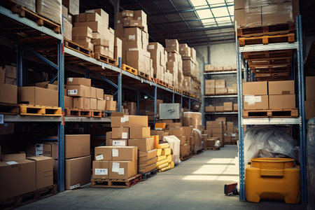 Industries that have warehouses or storage areas full of shelves and cardboard boxes by Generative AIの素材
