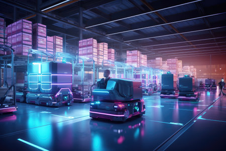 A cargo transport robot is parked on the floor near shelves with merchandise in a spacious warehouse that is lit at night. by Generative AIの素材