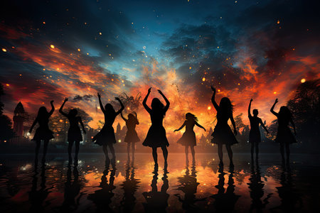 Unique people dancing silhouettes with firework background.by Generative AI.の素材