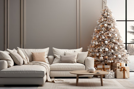 Living room decorated for Christmas with trees, gifts, walls, posters, canvas, full screen mockup, paint, frames. by Generative AIの素材