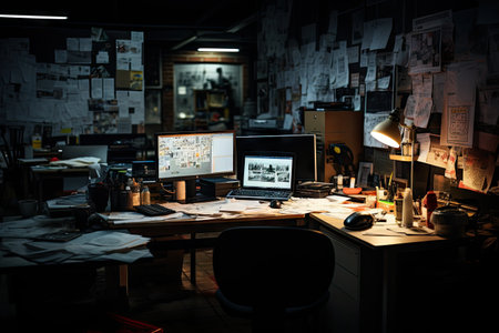 Picture of a dim workplace Filled with many documents Office after employees get off work by Generated AIの素材