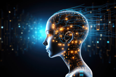 A concept image of AI technology that fuses with the human brain to form the appearance of AI.by Generative AI.の素材