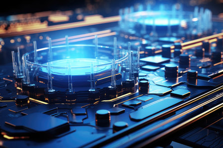 Futuristic blue hexagon background science illustration HUD components Technology concept. 3D landscape. Big data future abstract background.の素材