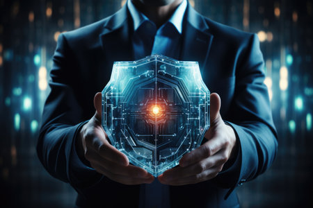 Cyber security safe data protection business technology privacy concept. Businessman holding shield protect security icon security on the virtual display.Information security systemの素材