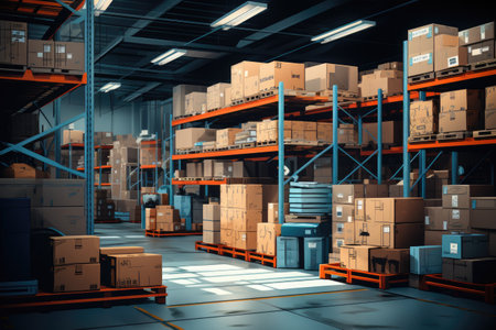 The image shows a logistics warehouse with various items. Neatly arranged on shelves and ready for sale.by Generated AIの素材