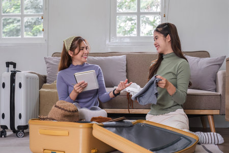 Two Asian female friends plan a vacation, pack their suitcases before going on vacation.の写真素材