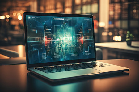 cyber security and data protection laptop internet network Protect business data and financial transactions from cyber attacks. Security encryption of users personal data.by Generative AI.の素材