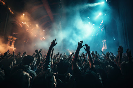 Live shows, rock concert, parties, festivals, nightclub Cheering crowd, stage lights and confetti. Cheering.by Generative AI.の素材