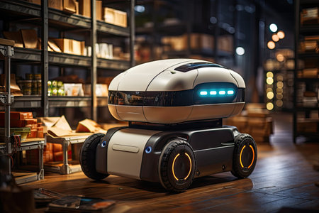 A cargo transport robot is parked on the floor near shelves with merchandise in a spacious warehouse that is lit at night. by Generative AIの素材