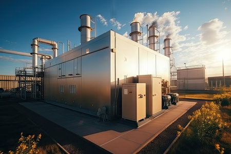 Atomic power plant. Production of electric and thermal energy. Nuclear energy concept.by Generative AI.の素材