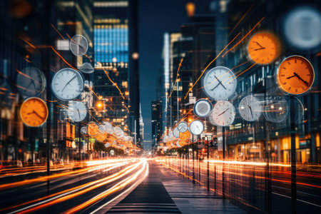 An unfocused image of an urban road at nighttime, filled with moving cars and a clock-bearing structure on the intersection.by Generative AI.の素材